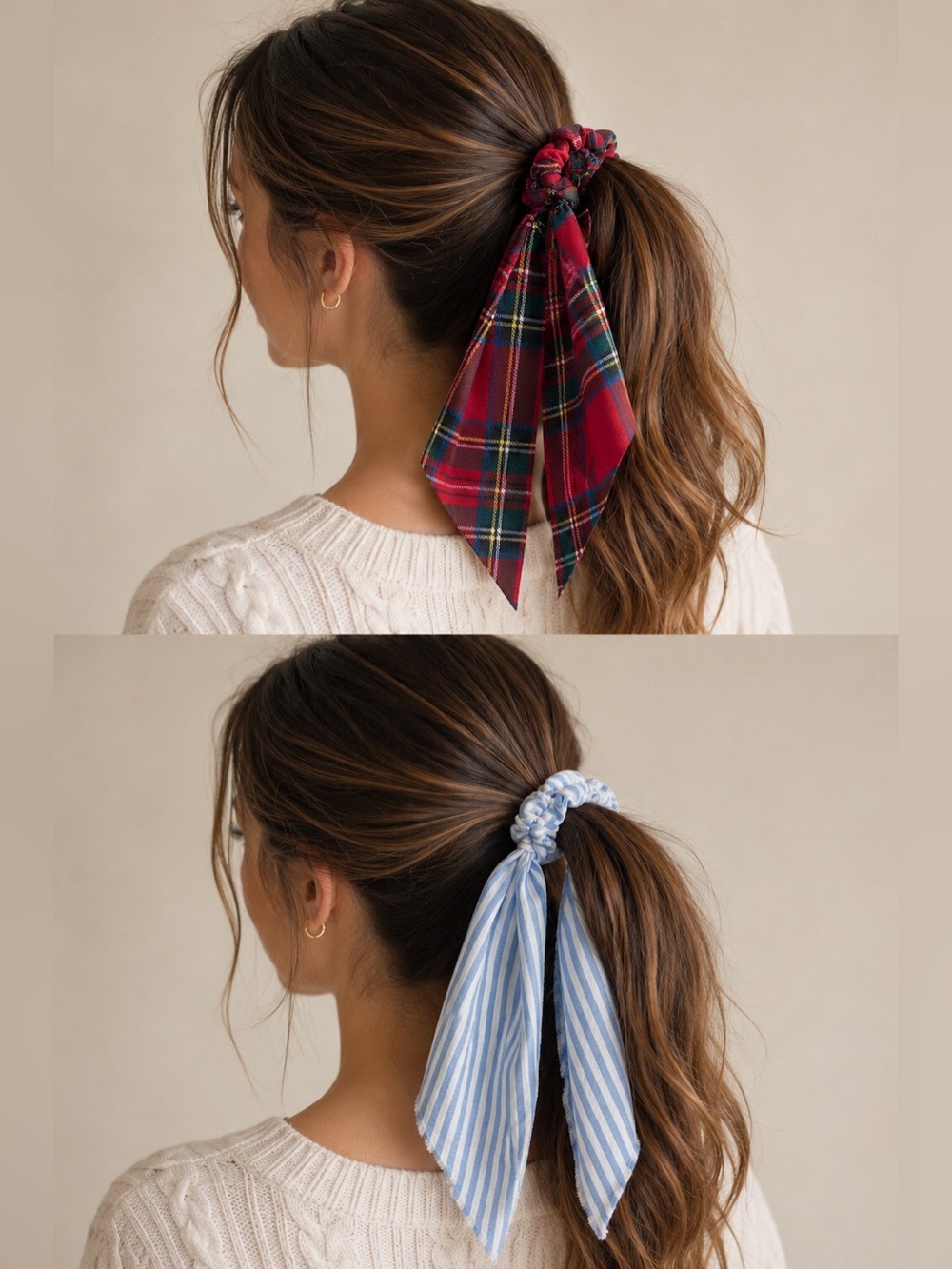 Plaid and Blue Stripe Bow Scrunchie Duo - Red Plaid & Light Blue Stripe